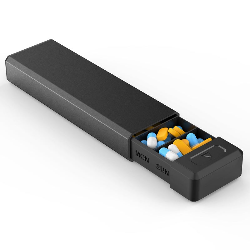HEIYING Pill Organizer with Aluminum Shell for One Week Capacity Portable 7 Compartments Pill Box Container to Hold Vitamin Medicine Supplements